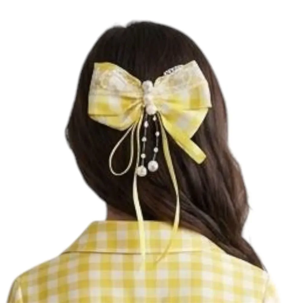 Hair Bow Clip Yellow Hairpin Wih Beads For Girls